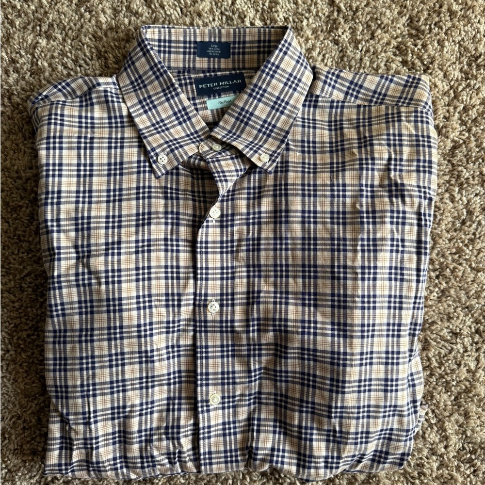 Peter Millar Men's Navy and Cream Plaid Shirt